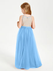 Abito Damigella Junior Lungo Top Con Paillettes Gonna In Tulle Blu