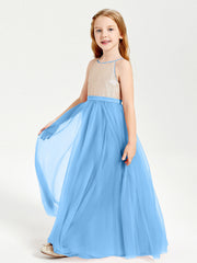 Abito Damigella Junior Lungo Top Con Paillettes Gonna In Tulle Blu