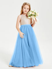 Abito Damigella Junior Lungo Top Con Paillettes Gonna In Tulle Blu