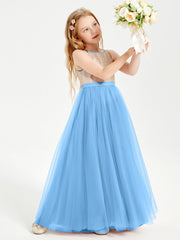 Abito Damigella Junior Lungo Top Con Paillettes Gonna In Tulle Blu