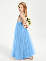 Abito Damigella Junior Lungo Top Con Paillettes Gonna In Tulle Blu