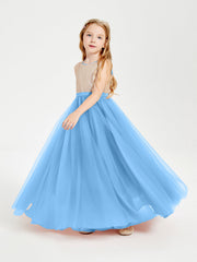 Abito Damigella Junior Lungo Top Con Paillettes Gonna In Tulle Blu