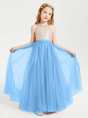 Abito Damigella Junior Lungo Top Con Paillettes Gonna In Tulle Blu