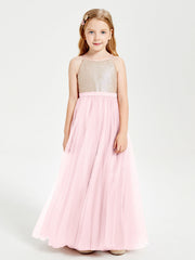 Abito Damigella Junior Lungo Top Con Paillettes Gonna In Tulle Rosa Cipria