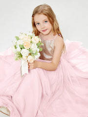 Abito Damigella Junior Lungo Top Con Paillettes Gonna In Tulle Rosa Cipria