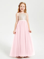 Abito Damigella Junior Lungo Top Con Paillettes Gonna In Tulle Rosa Cipria