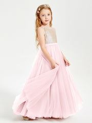 Abito Damigella Junior Lungo Top Con Paillettes Gonna In Tulle Rosa Cipria