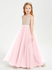 Abito Damigella Junior Lungo Top Con Paillettes Gonna In Tulle Rosa Cipria