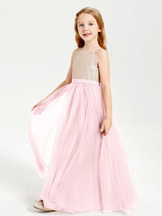 Abito Damigella Junior Lungo Top Con Paillettes Gonna In Tulle Rosa Cipria