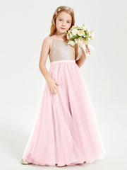 Abito Damigella Junior Lungo Top Con Paillettes Gonna In Tulle Rosa Cipria