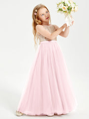 Abito Damigella Junior Lungo Top Con Paillettes Gonna In Tulle Rosa Cipria