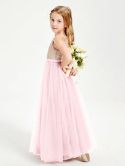 Abito Damigella Junior Lungo Top Con Paillettes Gonna In Tulle Rosa Cipria