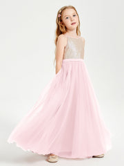 Abito Damigella Junior Lungo Top Con Paillettes Gonna In Tulle Rosa Cipria
