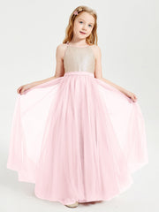 Abito Damigella Junior Lungo Top Con Paillettes Gonna In Tulle Rosa Cipria