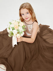 Abito Damigella Junior Lungo Top Con Paillettes Gonna In Tulle Marrone