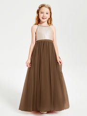 Abito Damigella Junior Lungo Top Con Paillettes Gonna In Tulle Marrone