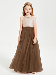Abito Damigella Junior Lungo Top Con Paillettes Gonna In Tulle Marrone
