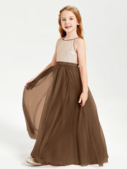 Abito Damigella Junior Lungo Top Con Paillettes Gonna In Tulle Marrone