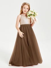 Abito Damigella Junior Lungo Top Con Paillettes Gonna In Tulle Marrone