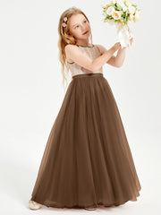 Abito Damigella Junior Lungo Top Con Paillettes Gonna In Tulle Marrone