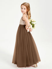Abito Damigella Junior Lungo Top Con Paillettes Gonna In Tulle Marrone