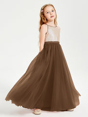 Abito Damigella Junior Lungo Top Con Paillettes Gonna In Tulle Marrone