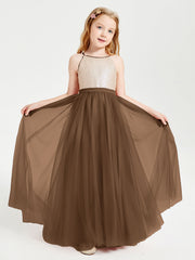 Abito Damigella Junior Lungo Top Con Paillettes Gonna In Tulle Marrone