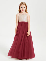 Abito Damigella Junior Lungo Top Con Paillettes Gonna In Tulle Borgogna