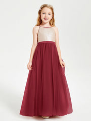 Abito Damigella Junior Lungo Top Con Paillettes Gonna In Tulle Borgogna