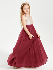 Abito Damigella Junior Lungo Top Con Paillettes Gonna In Tulle Borgogna