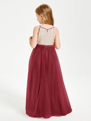 Abito Damigella Junior Lungo Top Con Paillettes Gonna In Tulle Borgogna