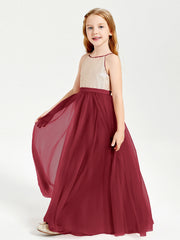 Abito Damigella Junior Lungo Top Con Paillettes Gonna In Tulle Borgogna