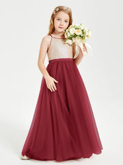 Abito Damigella Junior Lungo Top Con Paillettes Gonna In Tulle Borgogna