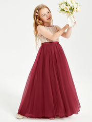 Abito Damigella Junior Lungo Top Con Paillettes Gonna In Tulle Borgogna