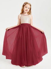 Abito Damigella Junior Lungo Top Con Paillettes Gonna In Tulle Borgogna