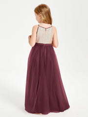 Abito Damigella Junior Lungo Top Con Paillettes Gonna In Tulle Cabernet