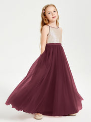 Abito Damigella Junior Lungo Top Con Paillettes Gonna In Tulle Cabernet