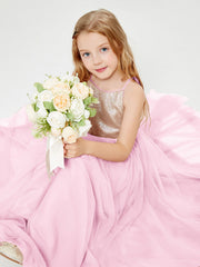 Abito Damigella Junior Lungo Top Con Paillettes Gonna In Tulle Rosa Bonbon