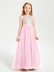 Abito Damigella Junior Lungo Top Con Paillettes Gonna In Tulle Rosa Bonbon