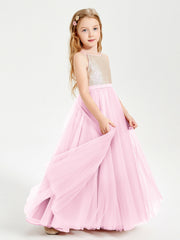 Abito Damigella Junior Lungo Top Con Paillettes Gonna In Tulle Rosa Bonbon