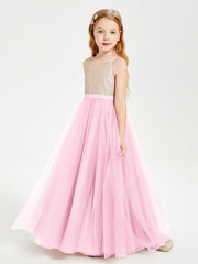 Abito Damigella Junior Lungo Top Con Paillettes Gonna In Tulle Rosa Bonbon