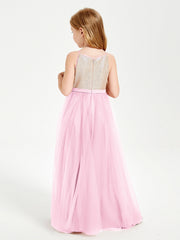 Abito Damigella Junior Lungo Top Con Paillettes Gonna In Tulle Rosa Bonbon