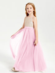 Abito Damigella Junior Lungo Top Con Paillettes Gonna In Tulle Rosa Bonbon