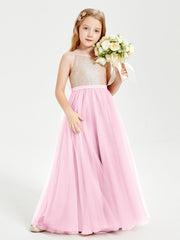 Abito Damigella Junior Lungo Top Con Paillettes Gonna In Tulle Rosa Bonbon