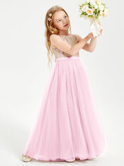Abito Damigella Junior Lungo Top Con Paillettes Gonna In Tulle Rosa Bonbon