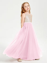 Abito Damigella Junior Lungo Top Con Paillettes Gonna In Tulle Rosa Bonbon
