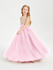 Abito Damigella Junior Lungo Top Con Paillettes Gonna In Tulle Rosa Bonbon
