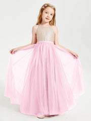 Abito Damigella Junior Lungo Top Con Paillettes Gonna In Tulle Rosa Bonbon