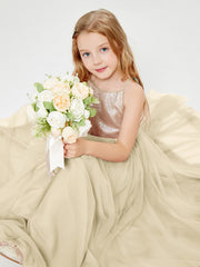 Abito Damigella Junior Lungo Top Con Paillettes Gonna In Tulle Champagne