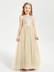 Abito Damigella Junior Lungo Top Con Paillettes Gonna In Tulle Champagne